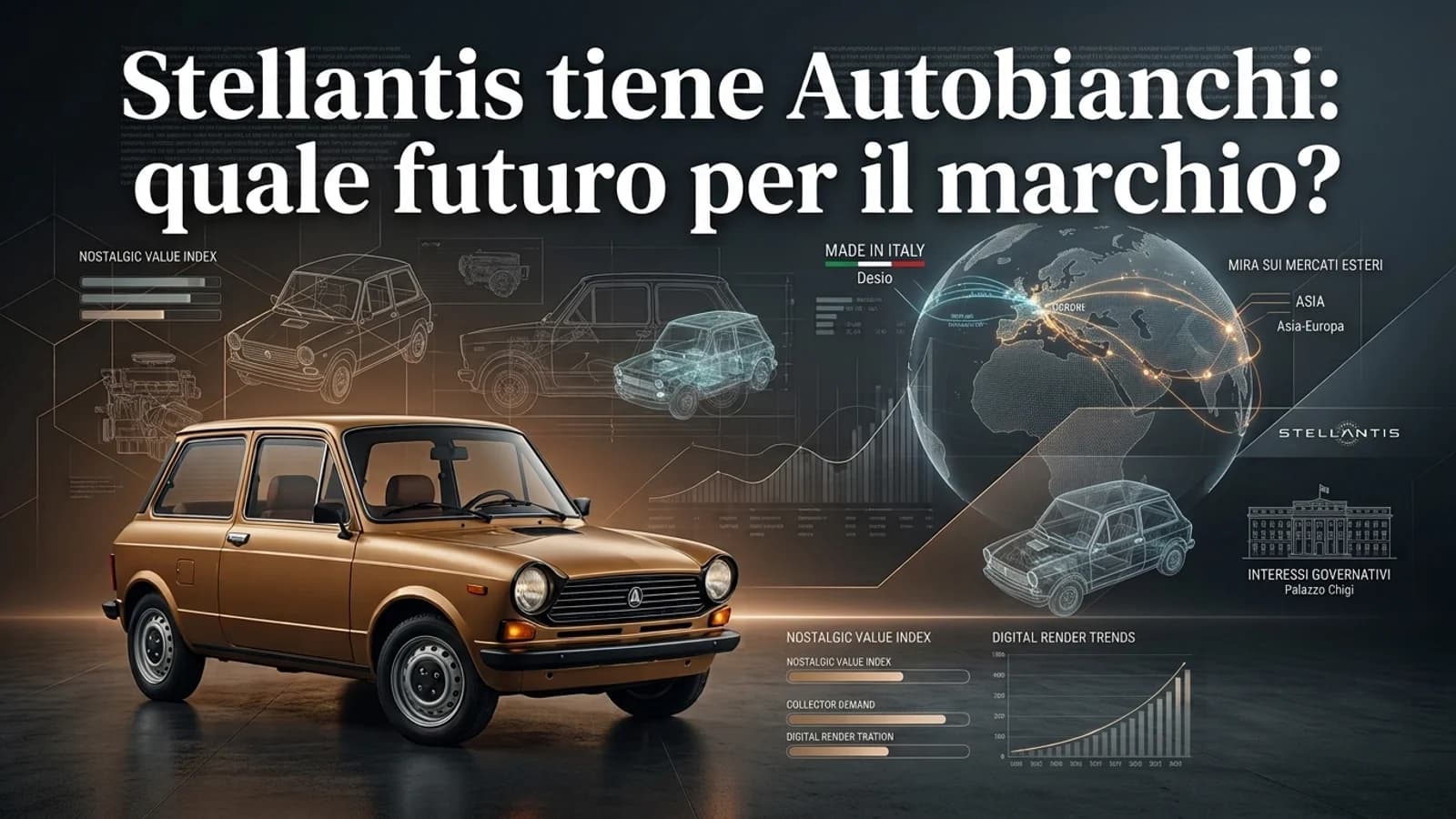 Autobianchi d'epoca color sabbia con grafica dedicata al futuro del marchio automobilistico.
