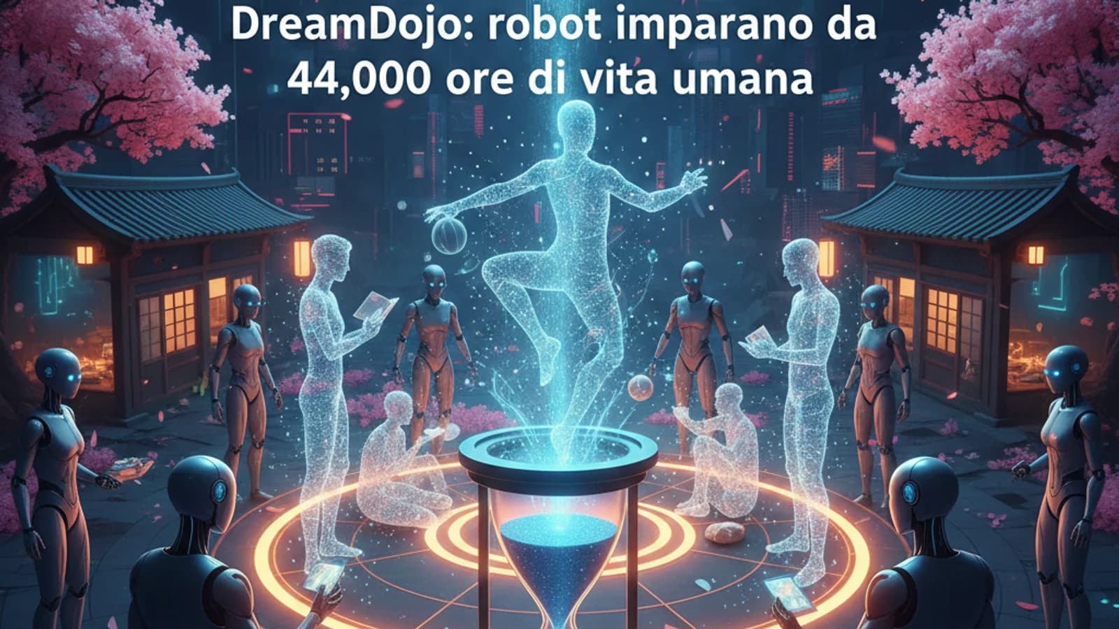 Illustrazione di un ambiente virtuale con sagome umane e robot che apprendono movimenti.