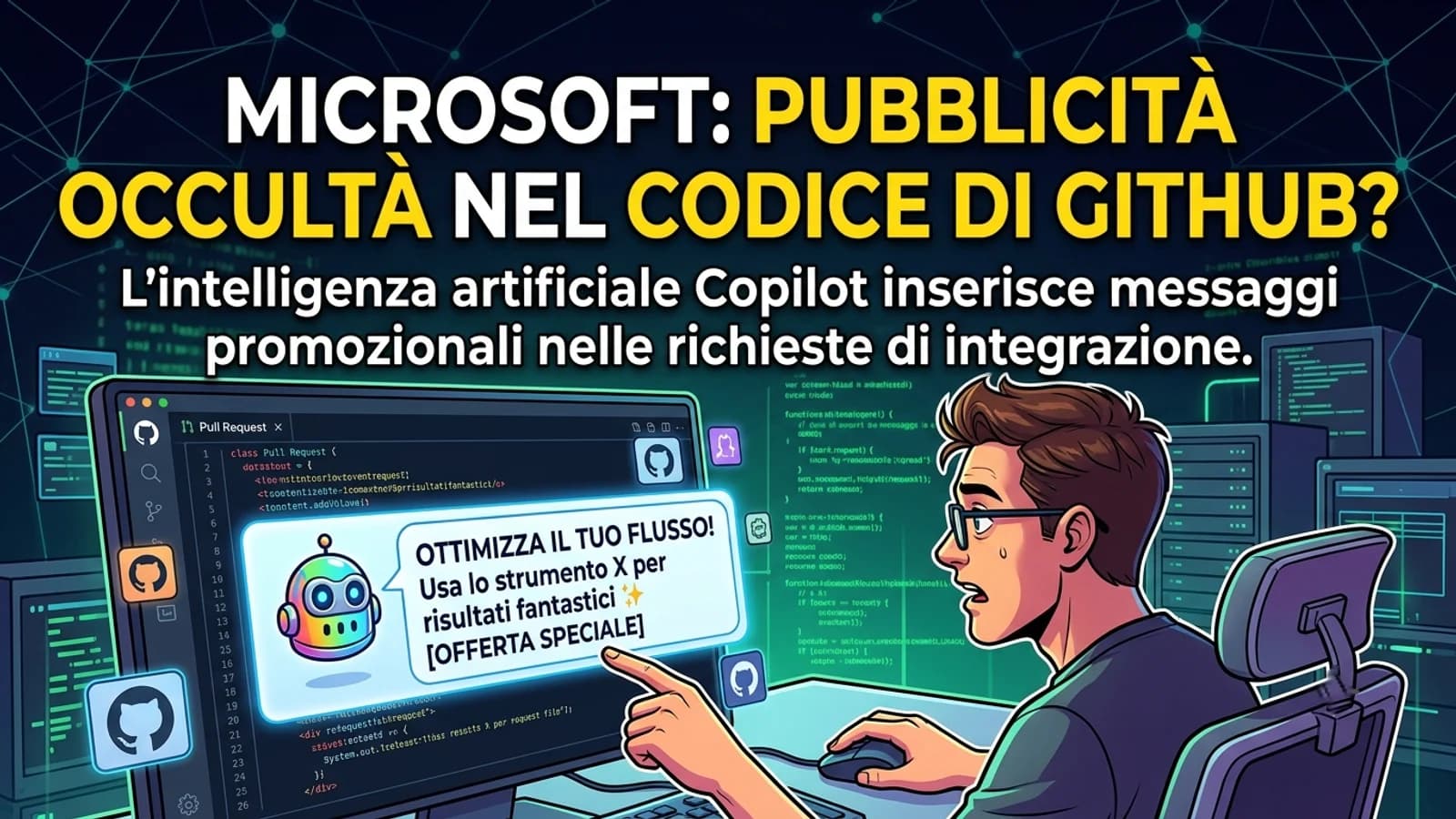 Infografica su GitHub Copilot e messaggi promozionali inseriti nel codice.