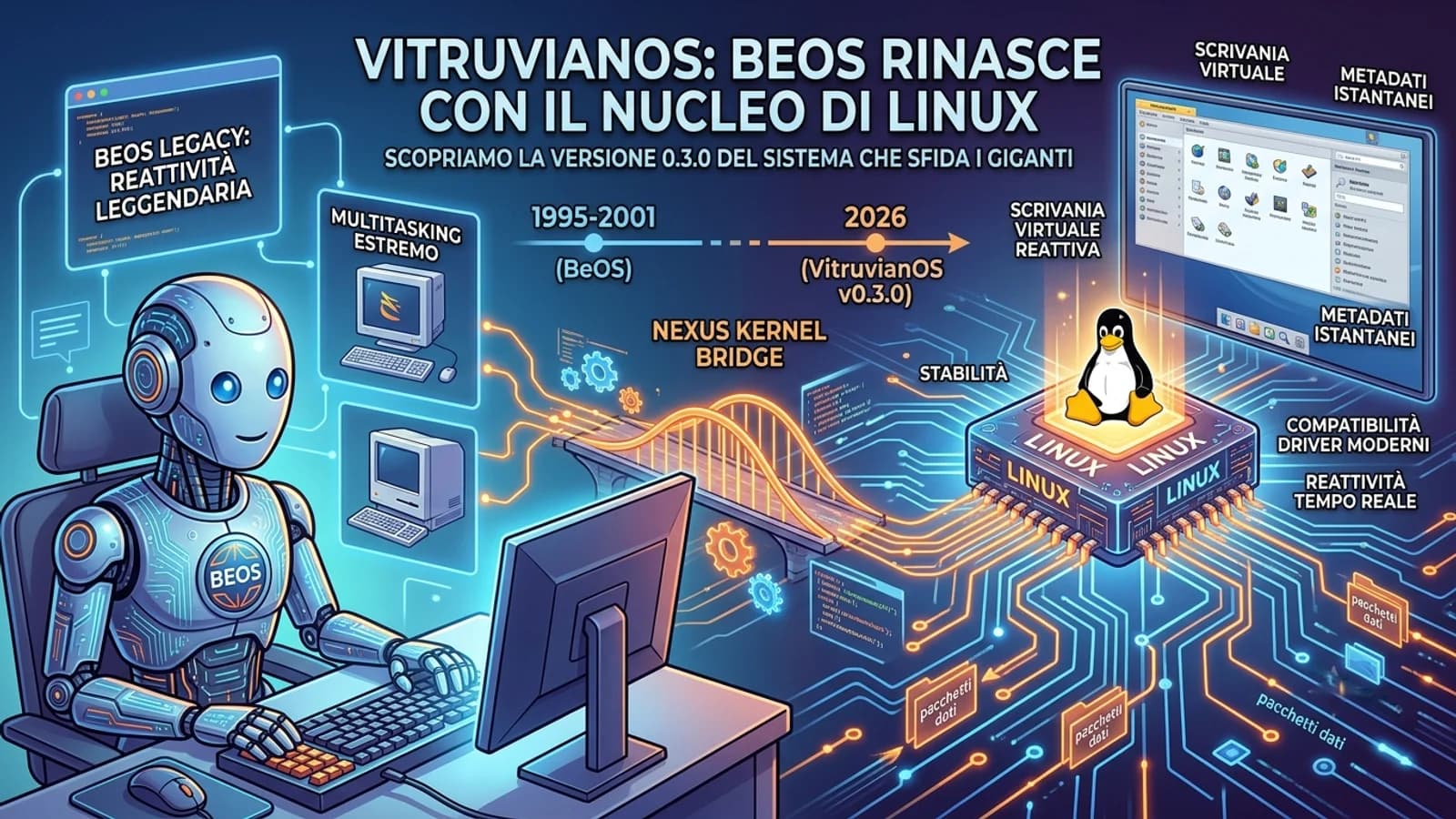 Illustrazione di un robot e interfacce Linux dedicata al progetto VitruvianOS.