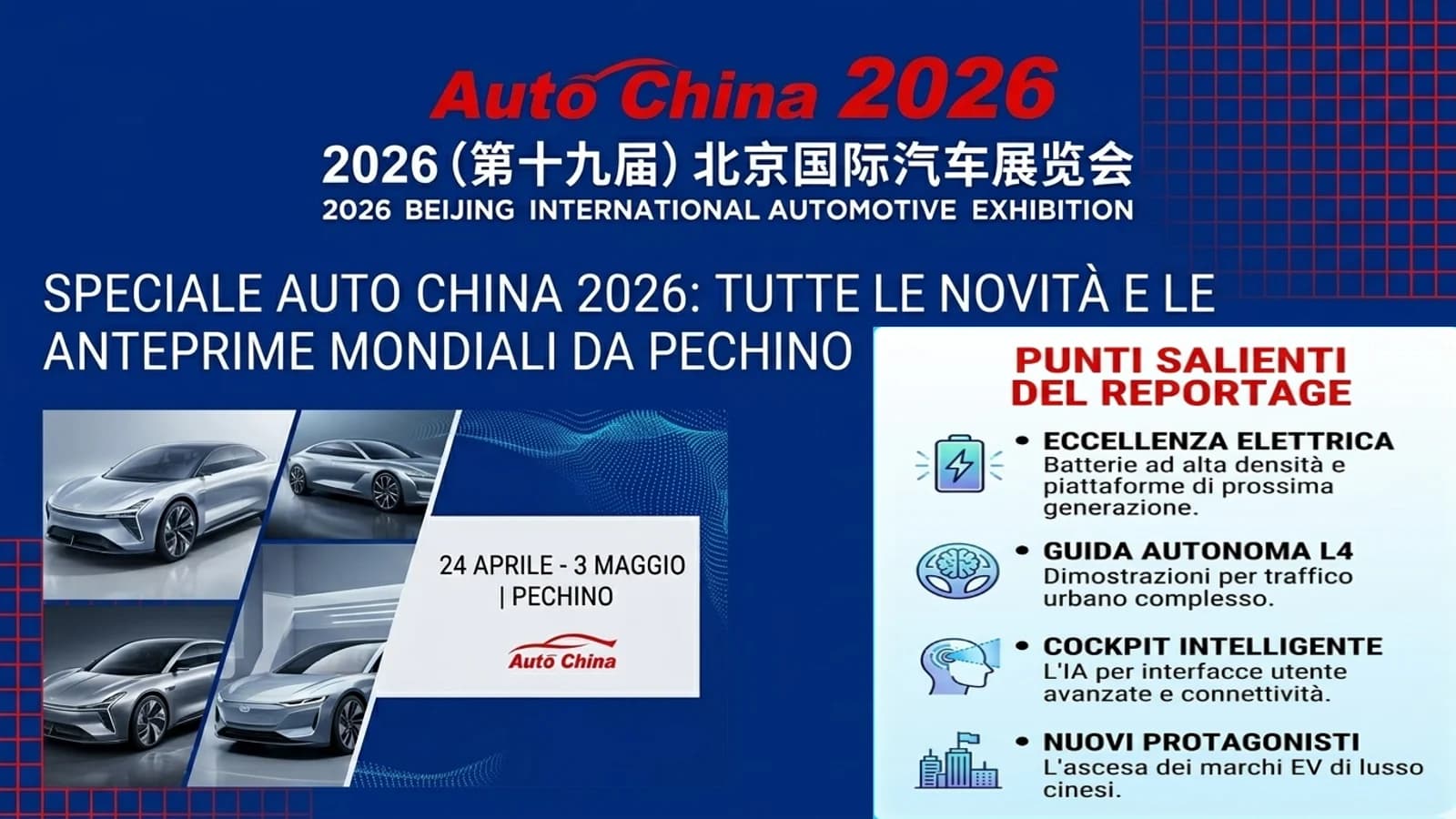 Infografica sul Salone di Pechino 2026 con auto elettriche e programma espositivo.