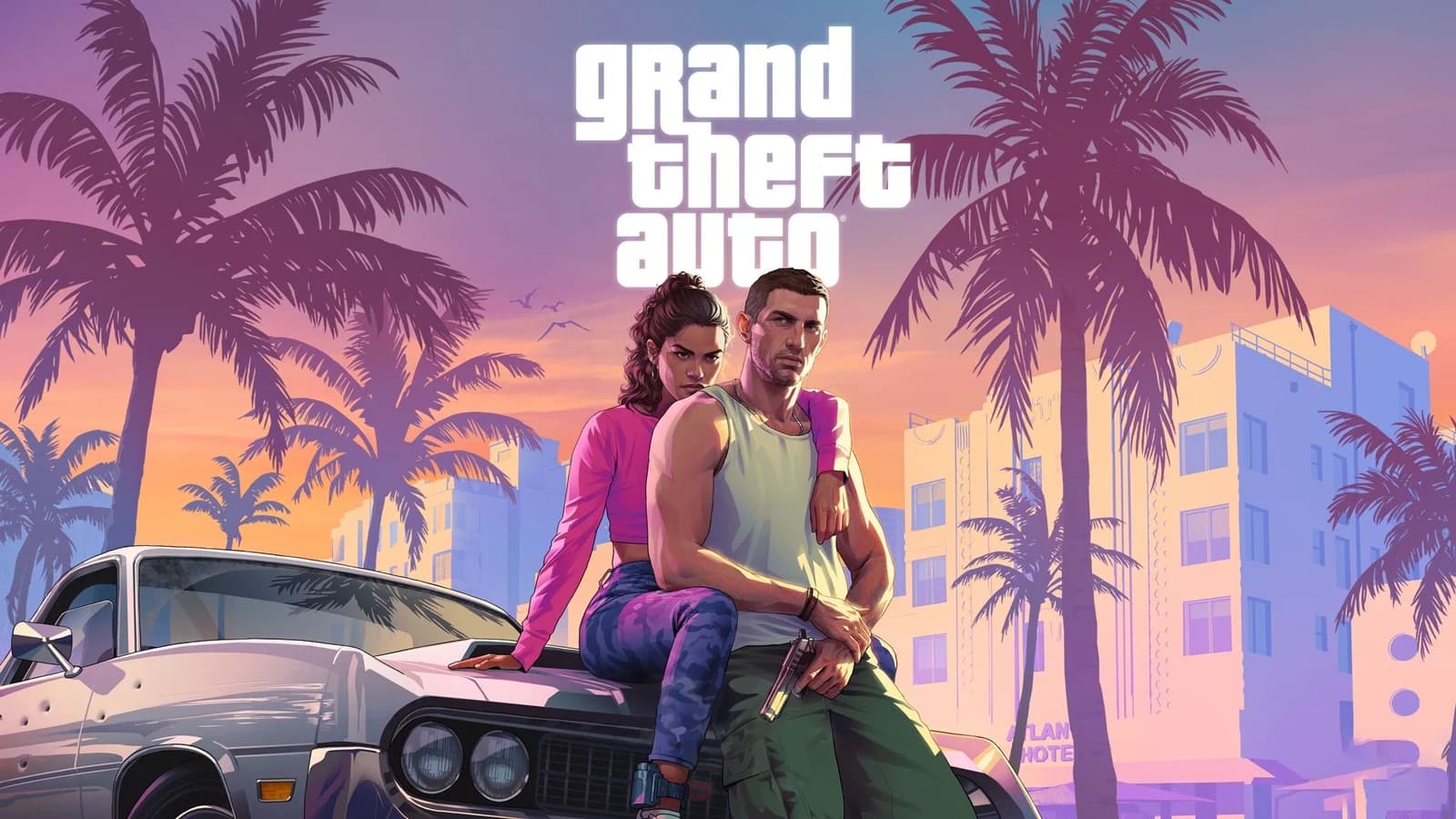 Illustrazione dei protagonisti di GTA VI davanti a palme e una città dai toni rosa.