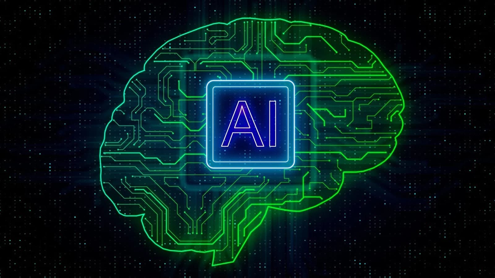 Illustrazione di un cervello verde con chip IA, nell'articolo sugli ultrasuoni e la coscienza.