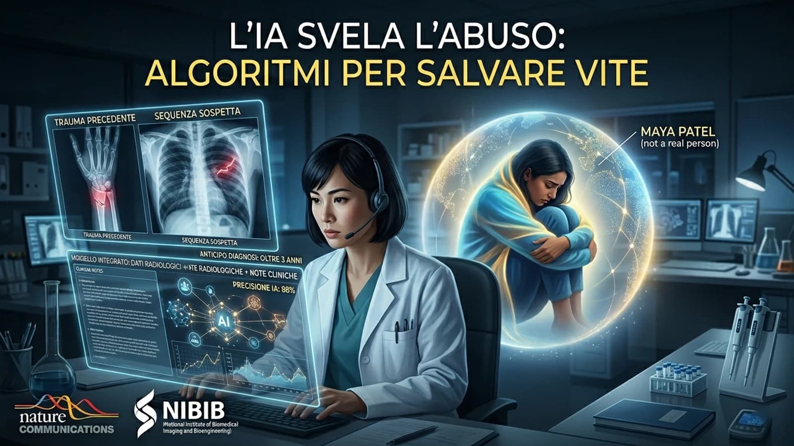 Illustrazione di una ricercatrice e di sistemi IA impiegati per rilevare abusi e tutelare le vittime.
