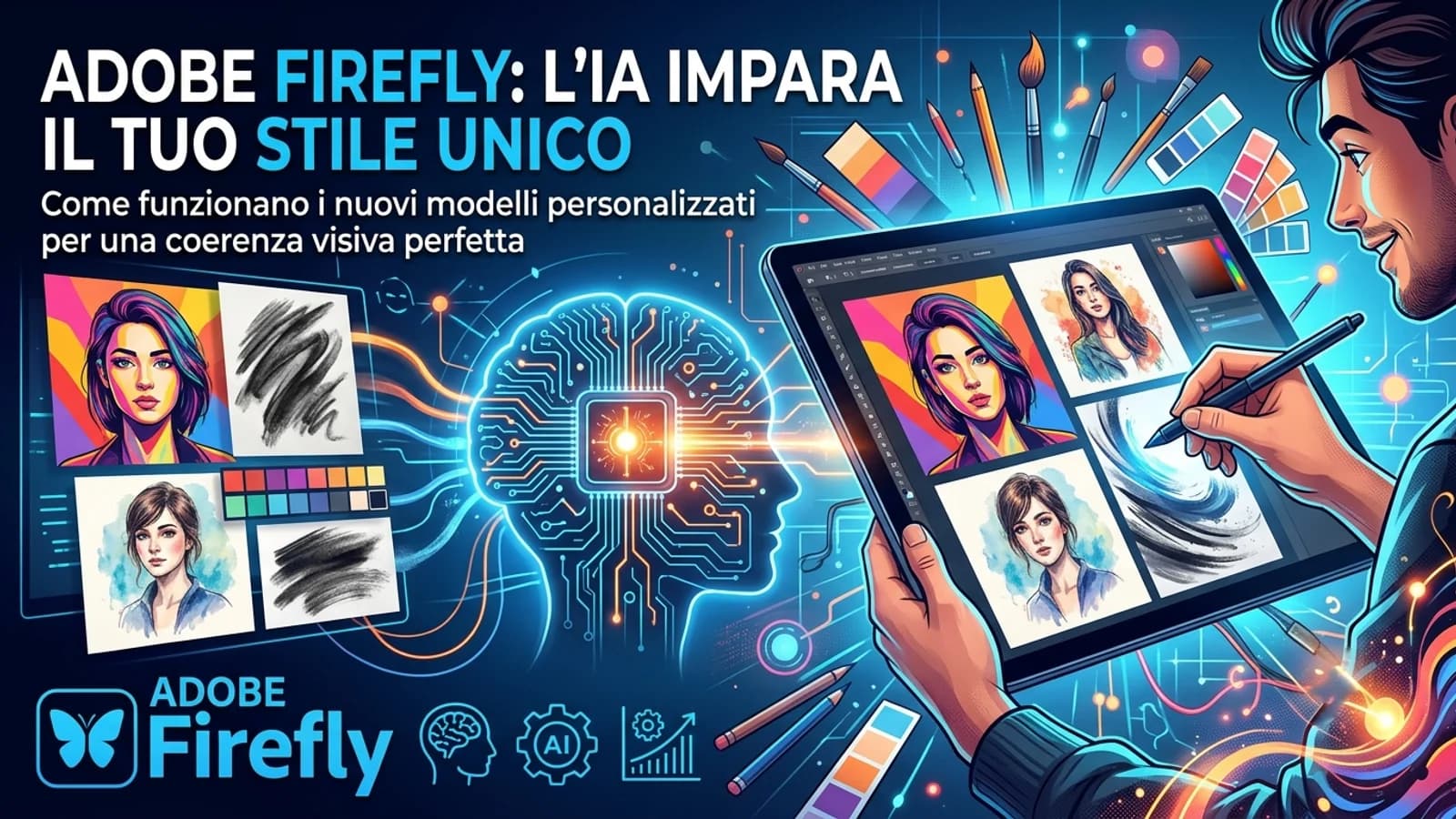Interfacce creative e immagini elaborate con Adobe Firefly e modelli di intelligenza artificiale.