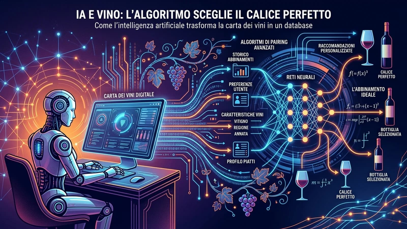 Sommelier e calici di vino su uno schermo digitale in una grafica sull'IA e i suggerimenti di degustazione.