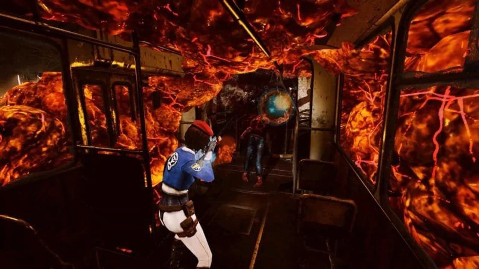 Personaggio armato in ambiente horror pixel-art con pareti rossastre e fuoco.