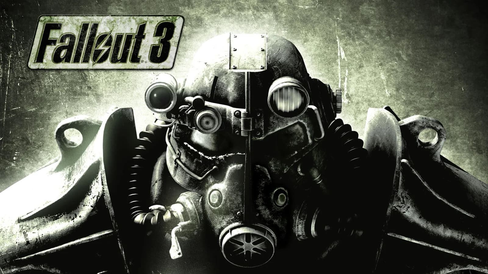 Illustrazione fantasy post-apocalittica di Fallout 3 con figura in armatura e cielo grigio.
