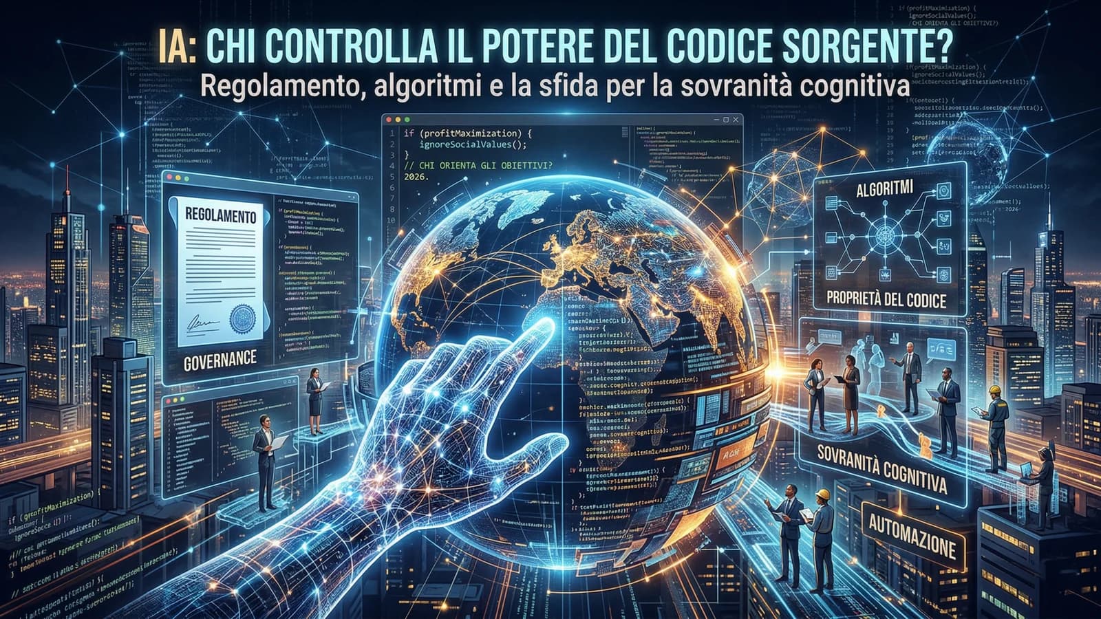 Illustrazione di un cervello digitale sopra circuiti elettronici, nella copertina sul controllo del codice IA.