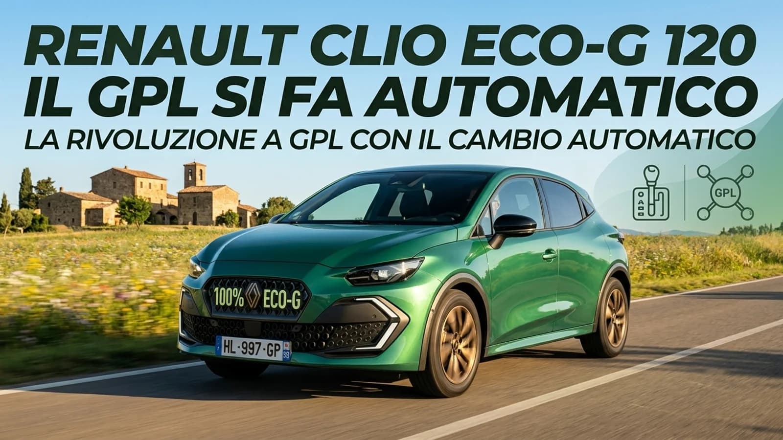 Renault Clio verde chiaro su strada di campagna in una grafica sul motore GPL Eco-G 120.