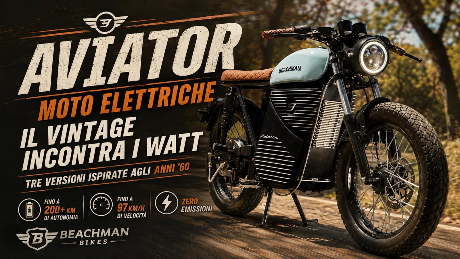 Motocicletta elettrica Aviator nera dallo stile vintage su sfondo scuro.