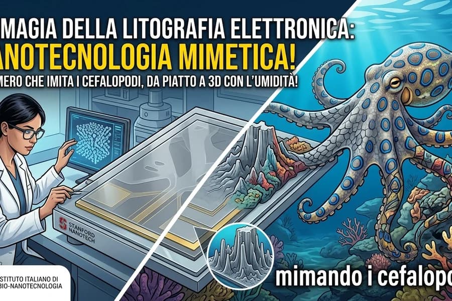 Illustrazione di una ricercatrice con materiale polimerico e immagini di cefalopodi e mimetismo.