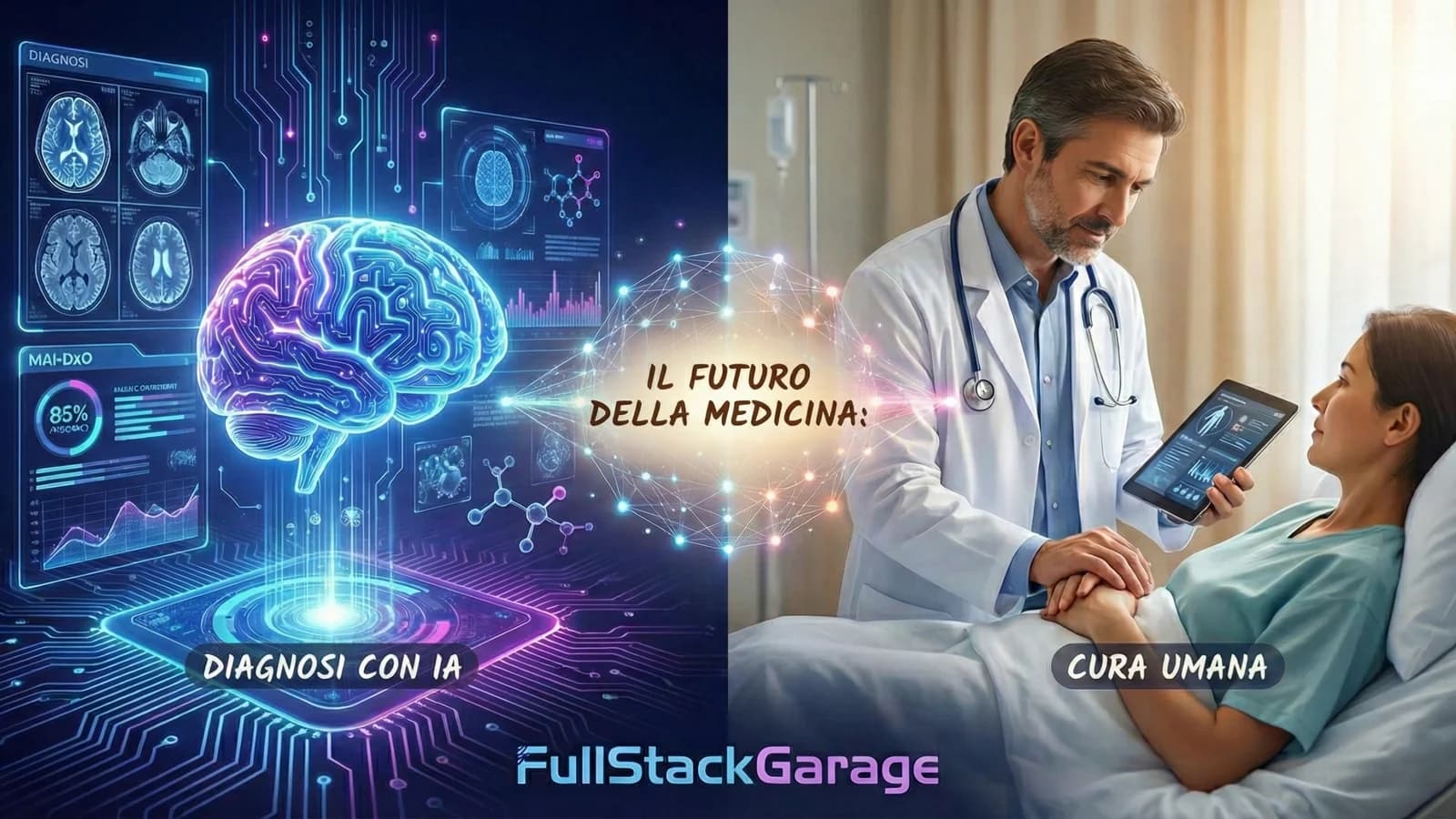 Medico in camice che mostra un tablet a una paziente, con grafica sull'IA diagnostica.