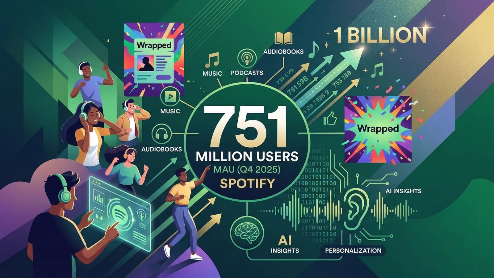 Infografica Spotify con numeri di utenti, smartphone e grafici di crescita.