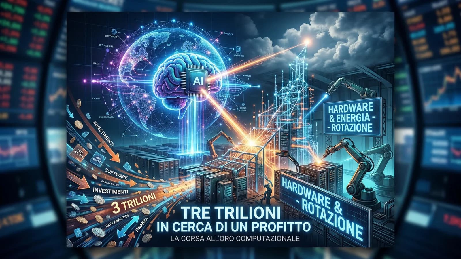 Infografica su investimenti miliardari nell'IA con schermi, rete digitale e grafici economici.
