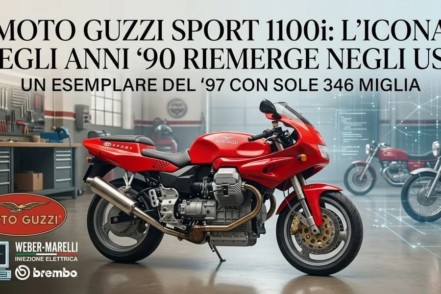 Moto Guzzi Sport 1100i rossa degli anni Novanta vista di tre quarti su strada.