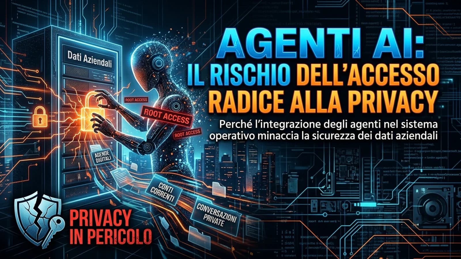 Illustrazione di agenti IA con accesso ai dati e ai dispositivi, in una grafica sulla privacy.