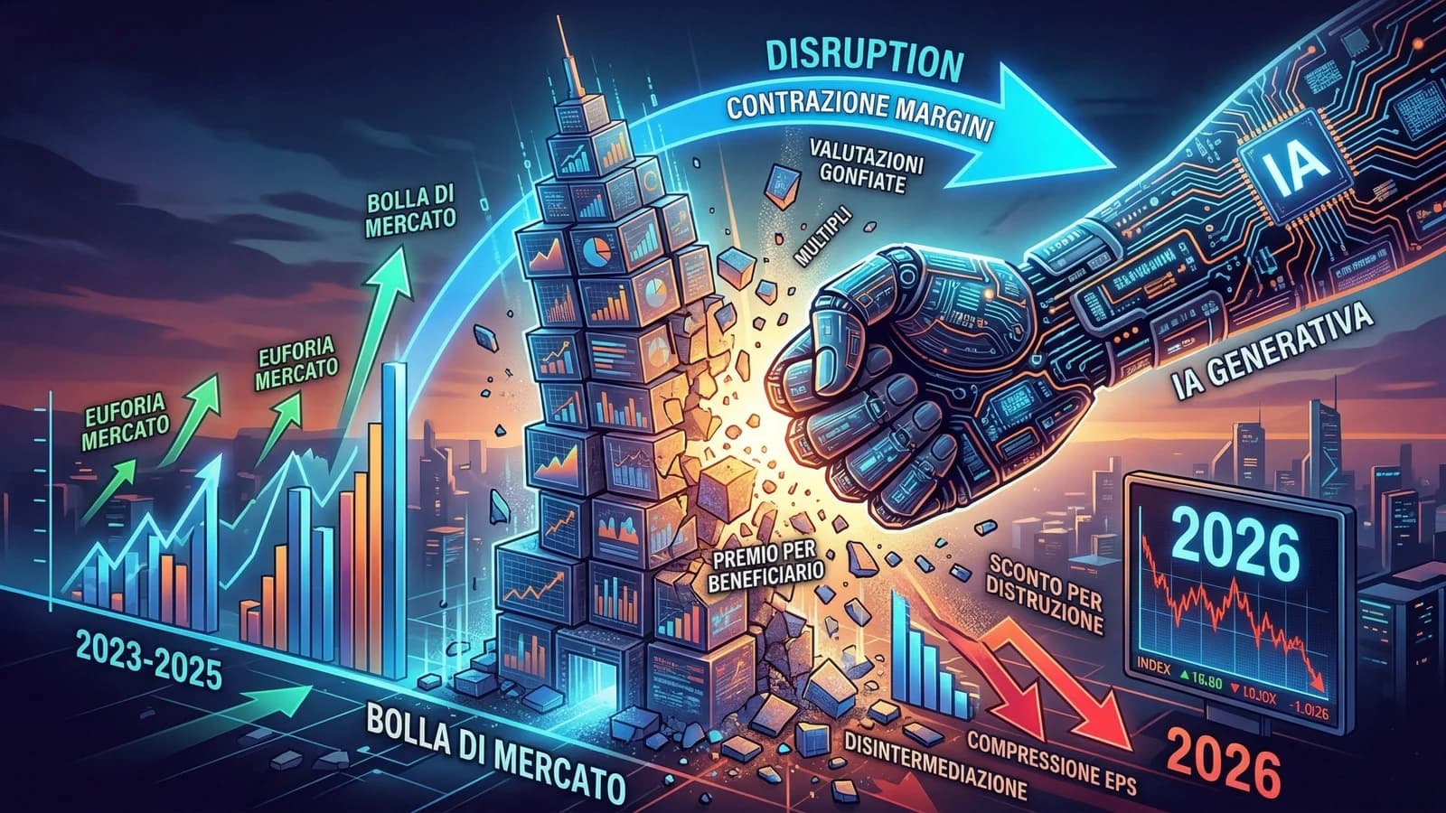 Infografica finanziaria sull'IA con grafici di borsa, chip e andamento delle valutazioni.