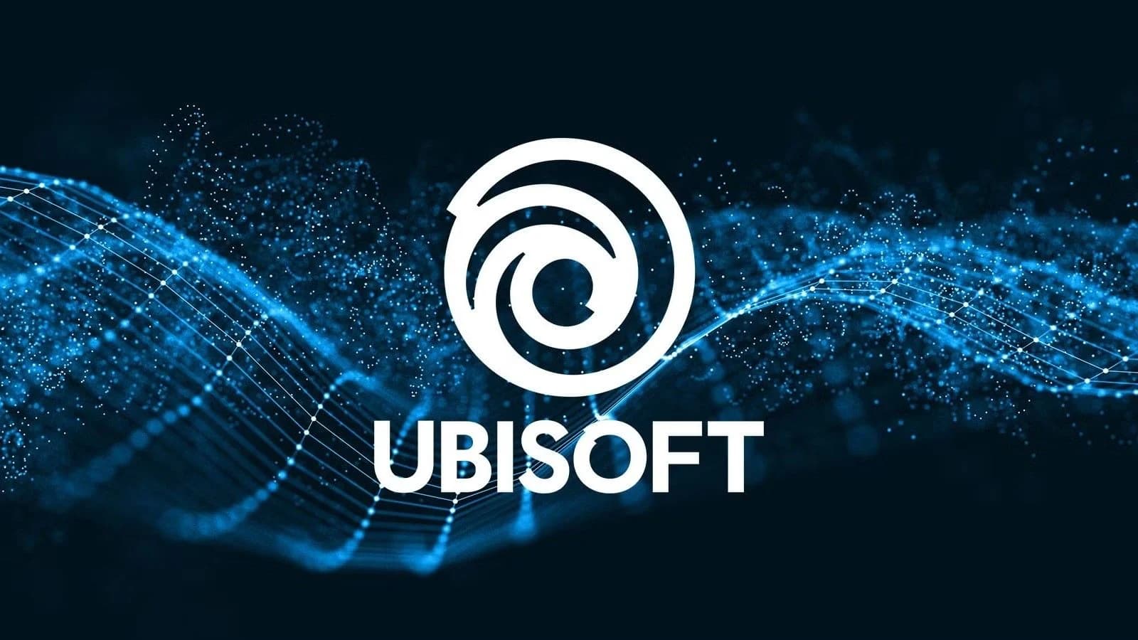 Logo Ubisoft bianco su sfondo blu con grafica digitale, nella copertina sullo sciopero di Milano.