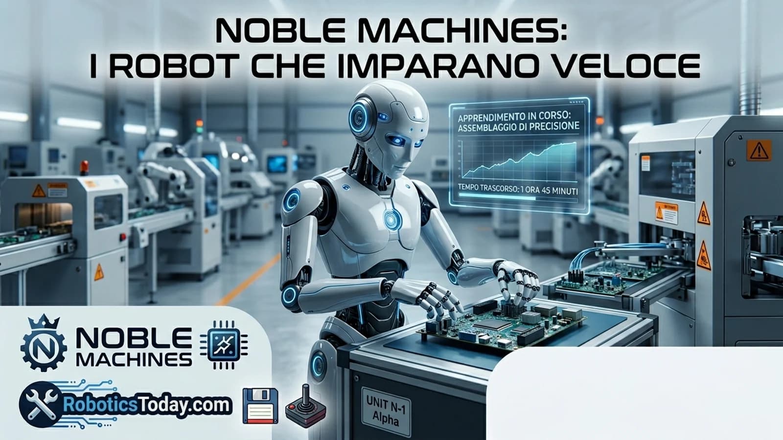 Robot umanoidi di Noble Machines su una linea industriale automatizzata.
