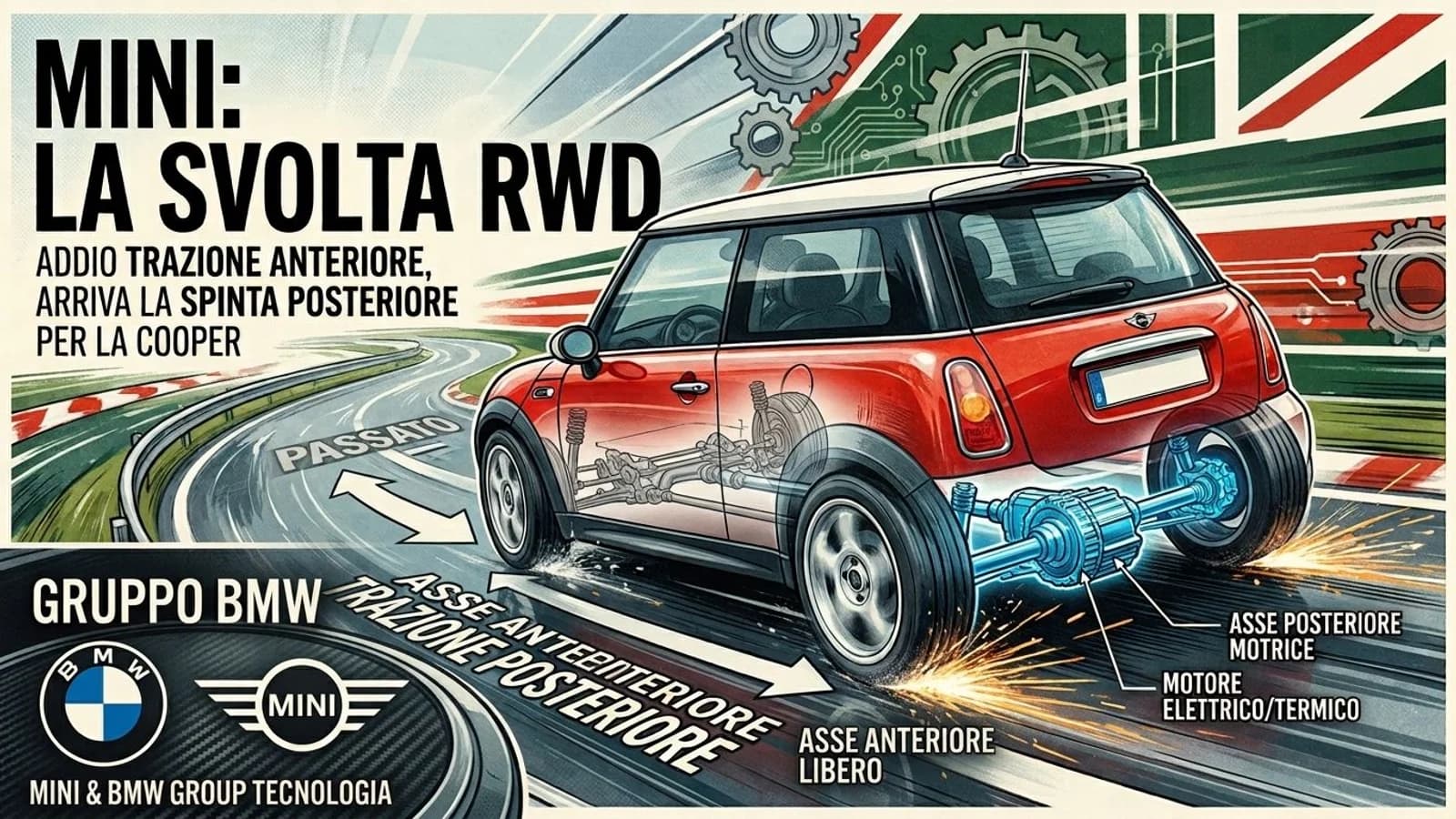 MINI rossa con schema illustrato della trasmissione e della trazione posteriore.
