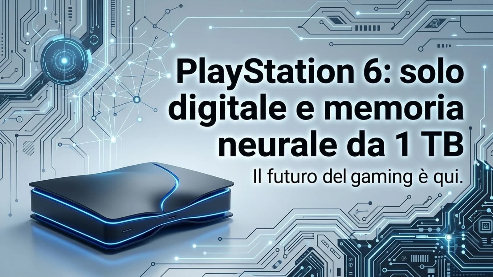 Illustrazione di una console PlayStation 6 ipotetica con grafica digitale e riferimenti alla memoria.