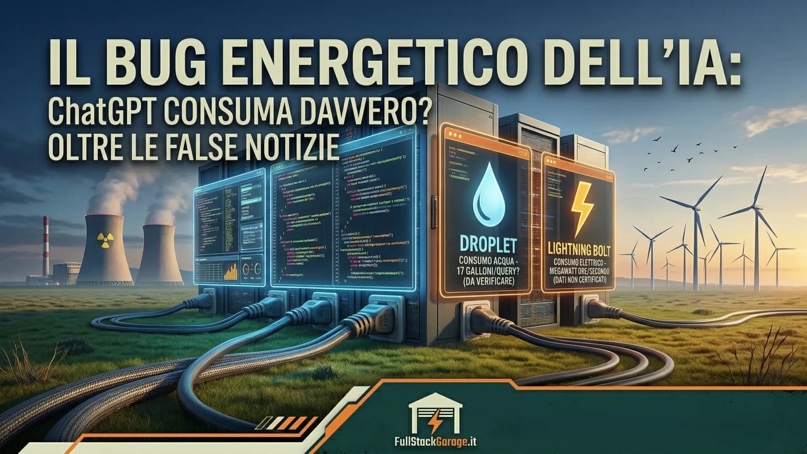 Infografica sui consumi energetici di ChatGPT con edifici, batterie e turbine eoliche.
