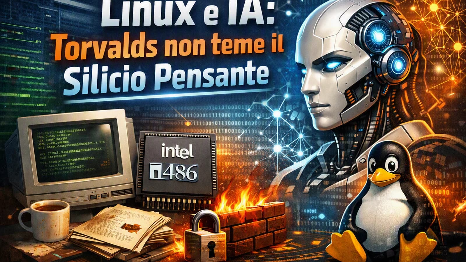 Collage di un computer vintage, un robot e simboli di Linux e intelligenza artificiale.