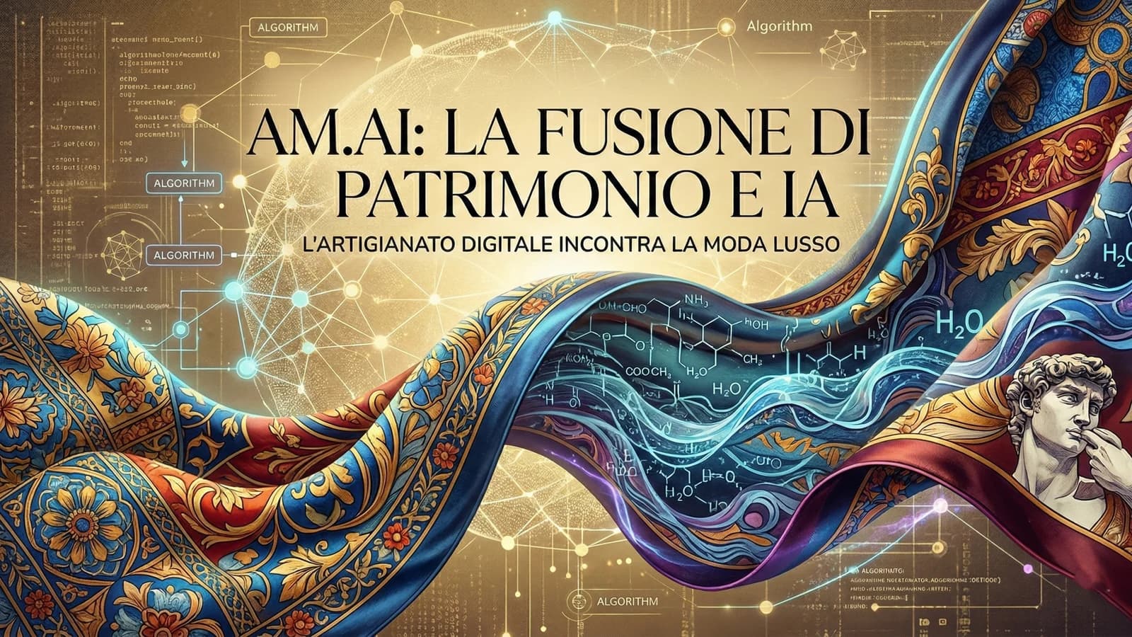 Illustrazione tessile di un foulard colorato con motivi generati da algoritmi IA.