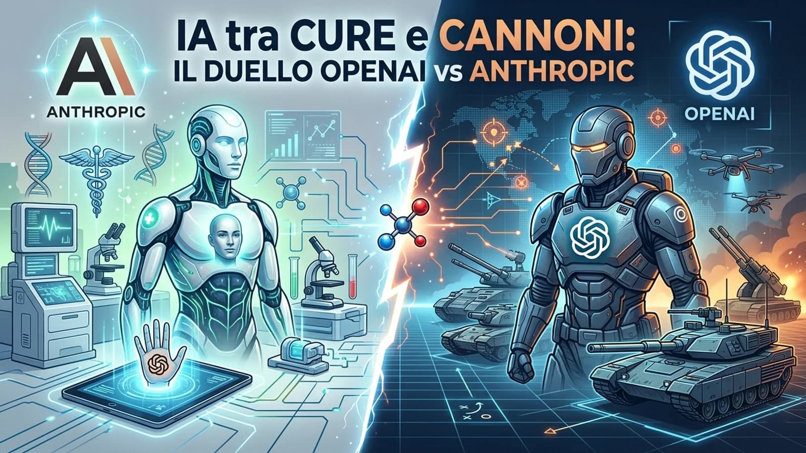 Illustrazione del confronto OpenAI e Anthropic fra robot, sistemi di difesa e applicazioni sanitarie.