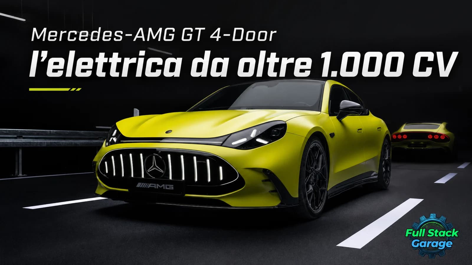 Mercedes-AMG GT 4-Door Coupé gialla ripresa frontalmente, nella copertina dedicata all'elettrica.