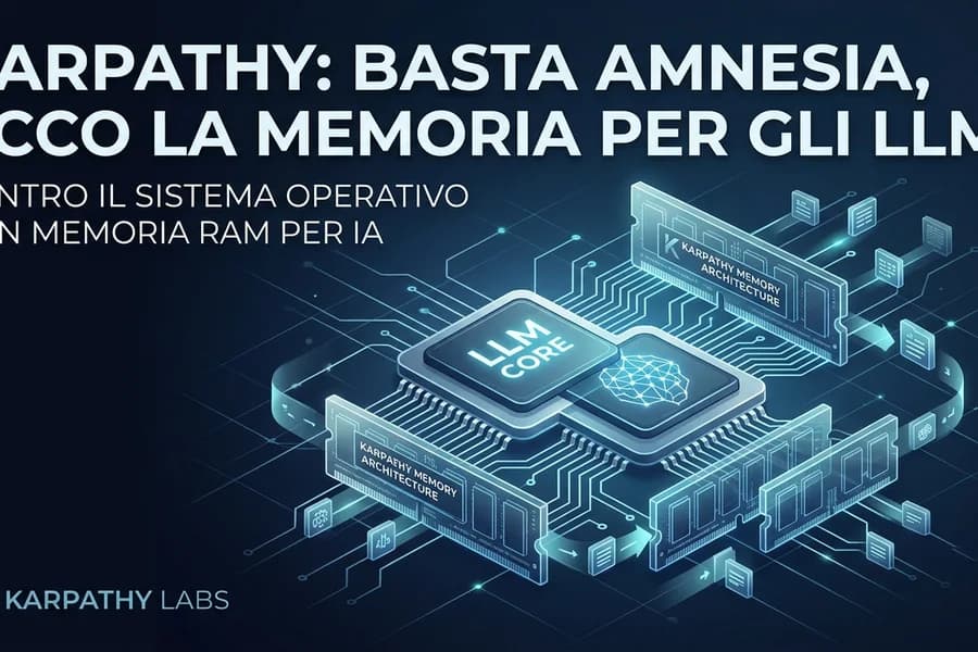 Grafica dedicata alla memoria degli LLM con un chip e moduli digitali collegati.