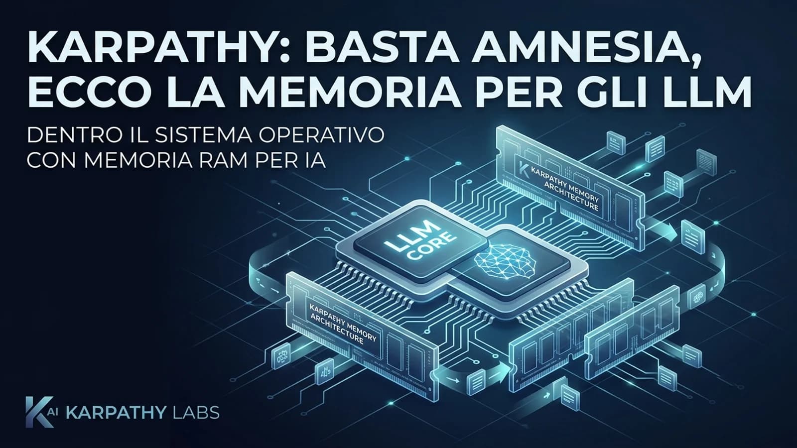Grafica dedicata alla memoria degli LLM con un chip e moduli digitali collegati.