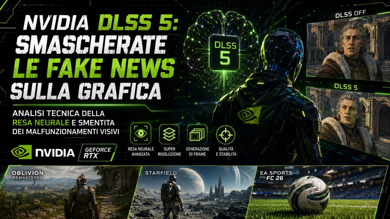 Infografica NVIDIA DLSS 5 con personaggi di videogiochi, scheda grafica e indicazioni di fake news.