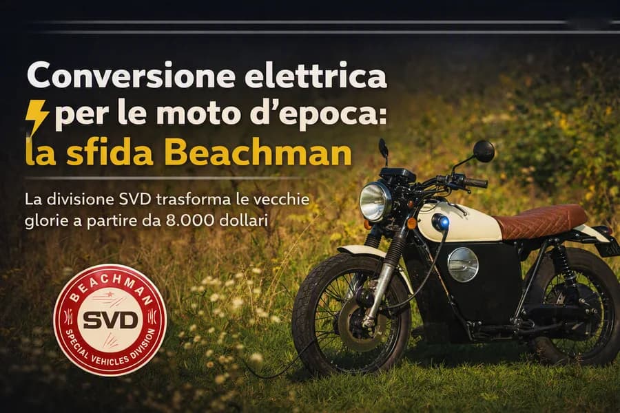 Motocicletta classica su sfondo naturale, in una copertina dedicata alla conversione elettrica Beachman.