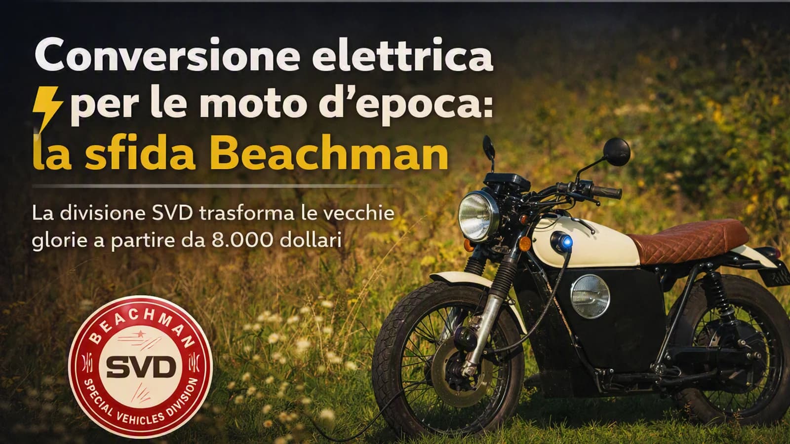 Motocicletta classica su sfondo naturale, in una copertina dedicata alla conversione elettrica Beachman.