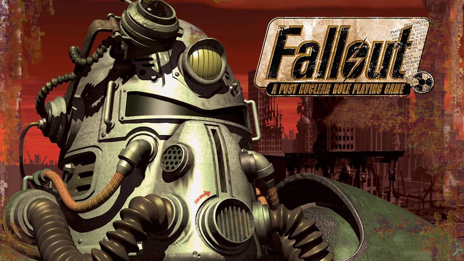 Figura in armatura post-apocalittica con maschera antigas in una copertina musicale di Fallout.