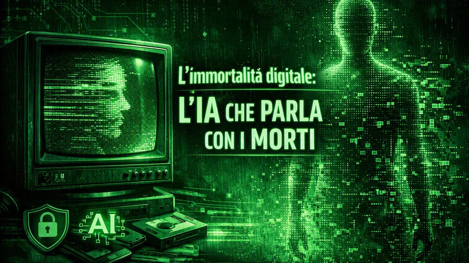 Schermo verde di un computer d'epoca in una grafica sull'immortalità digitale.