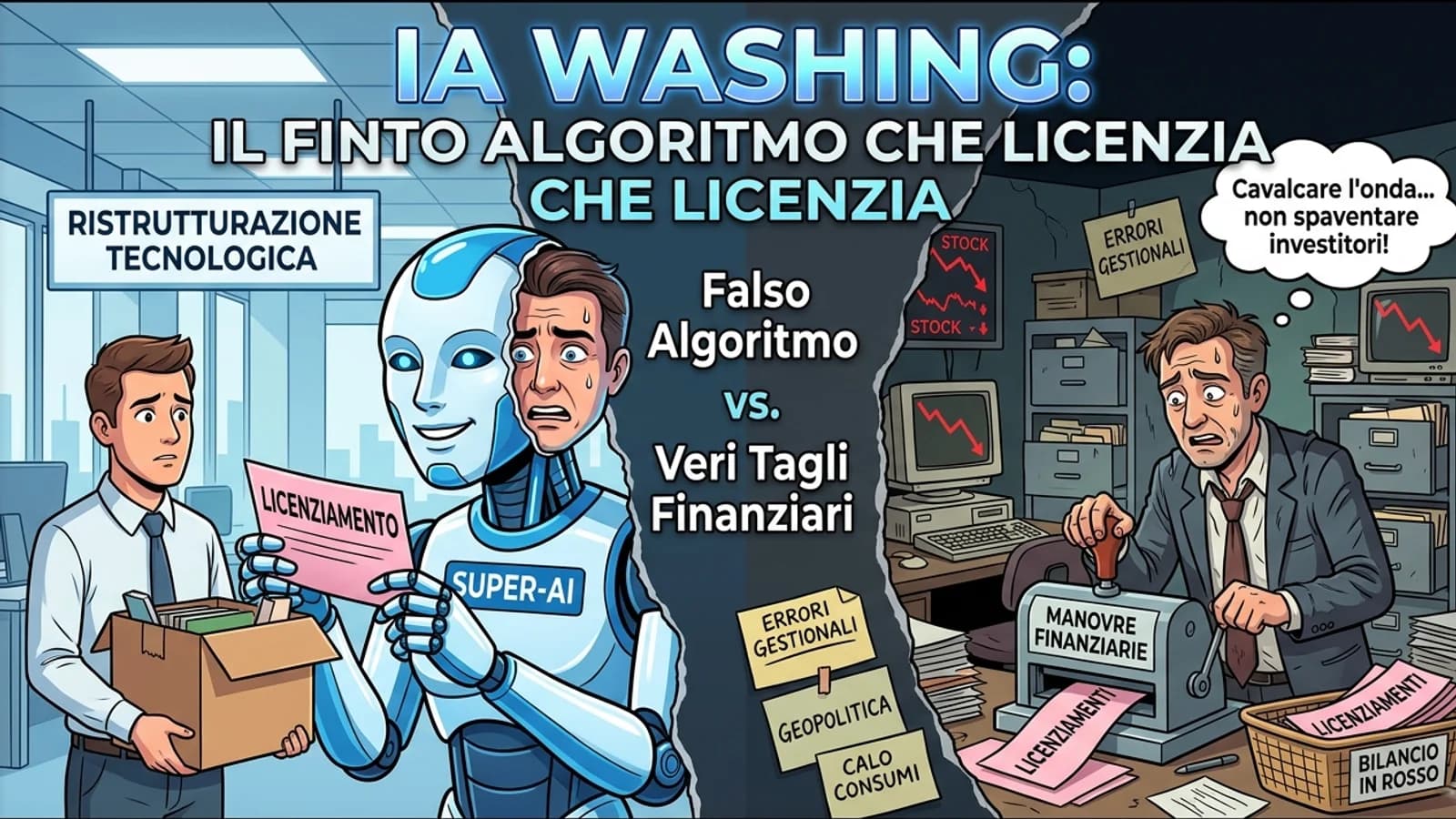 Illustrazione di manager e impiegati alle prese con algoritmi utilizzati come giustificazione dei licenziamenti.