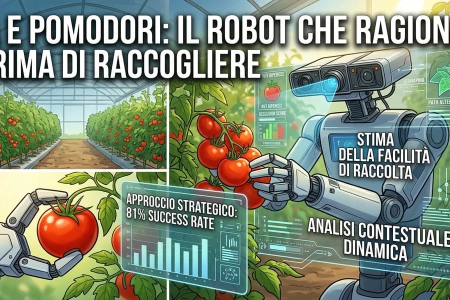 Robot agricolo con telecamere e braccio meccanico mentre analizza pomodori in serra.