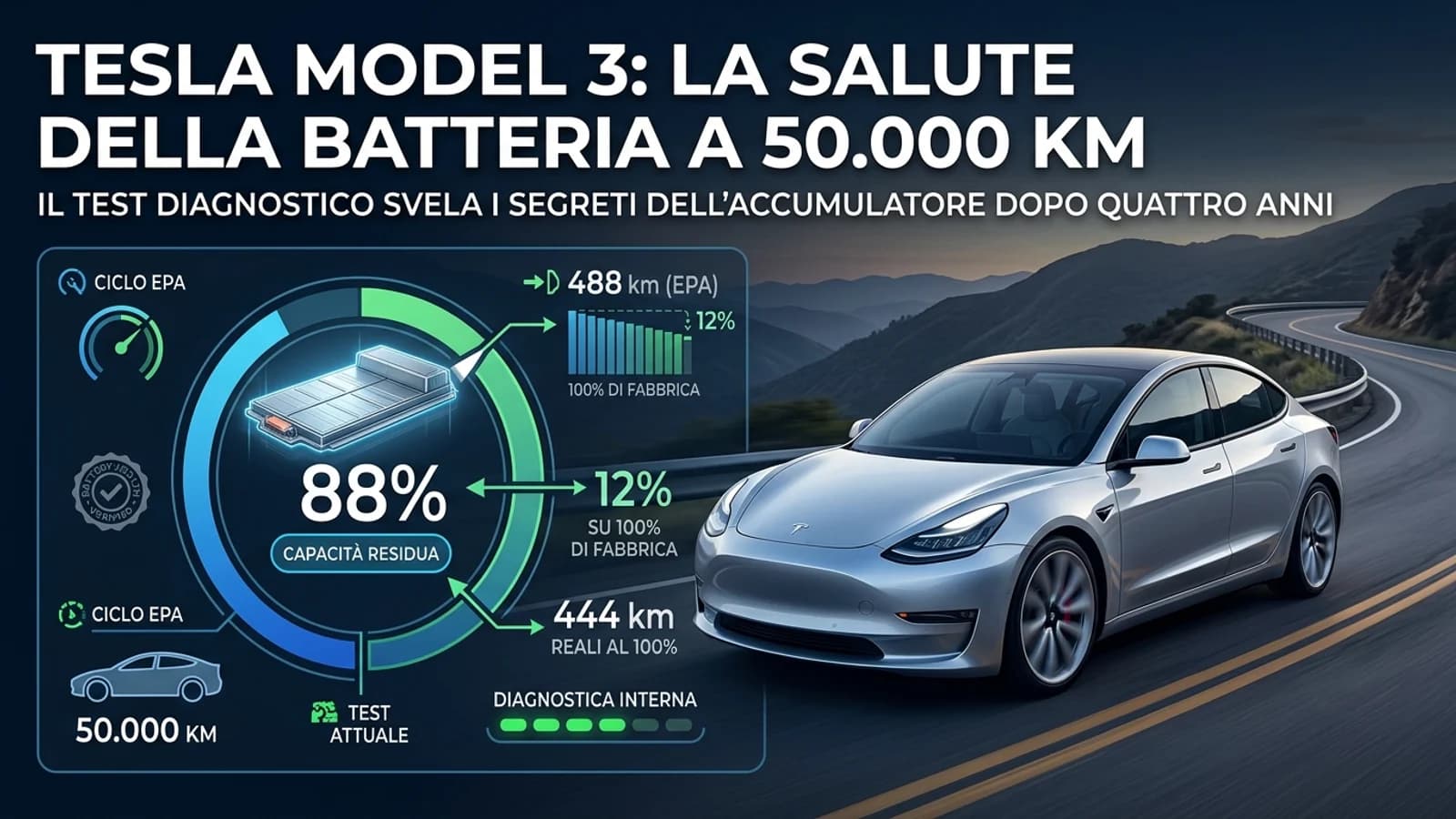 Tesla Model 3 grigia in una grafica sulla salute della batteria dopo 50.000 chilometri.