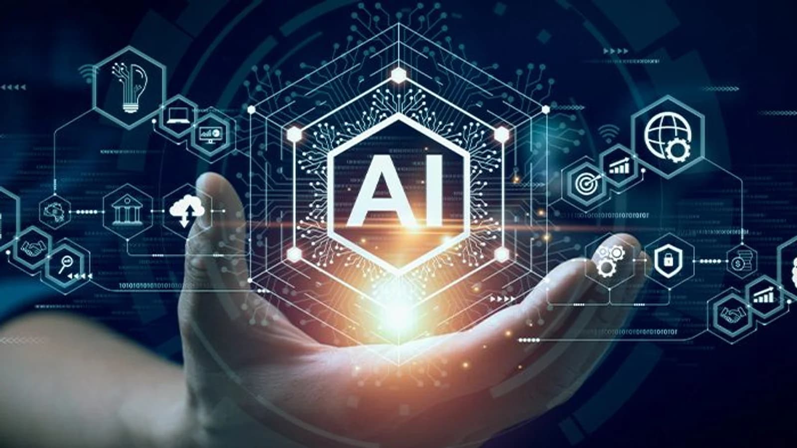 Icona luminosa di intelligenza artificiale su smartphone con simboli di privacy e archivio.