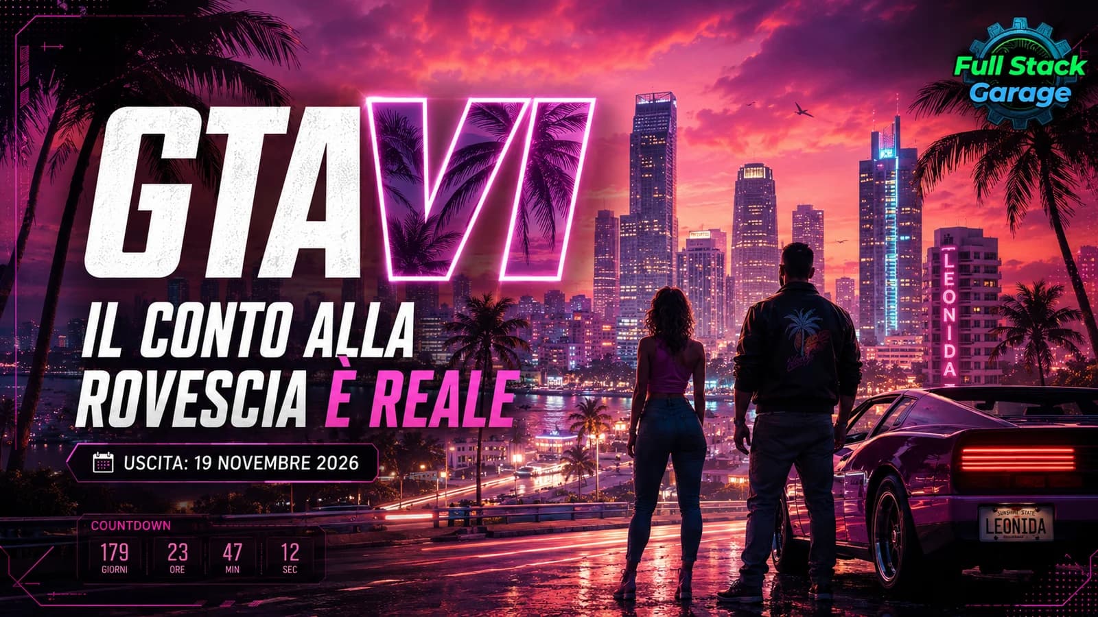Copertina del videogioco GTA VI con protagonisti in controluce davanti a uno skyline al tramonto.