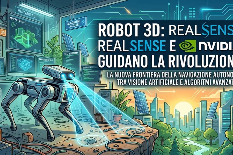 Robot quadrupede in un ambiente urbano e grafica dedicata alle tecnologie RealSense e NVIDIA.