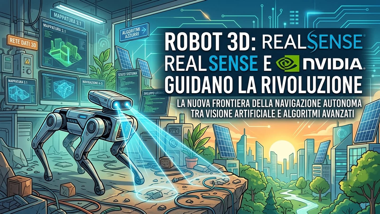 Robot quadrupede in un ambiente urbano e grafica dedicata alle tecnologie RealSense e NVIDIA.