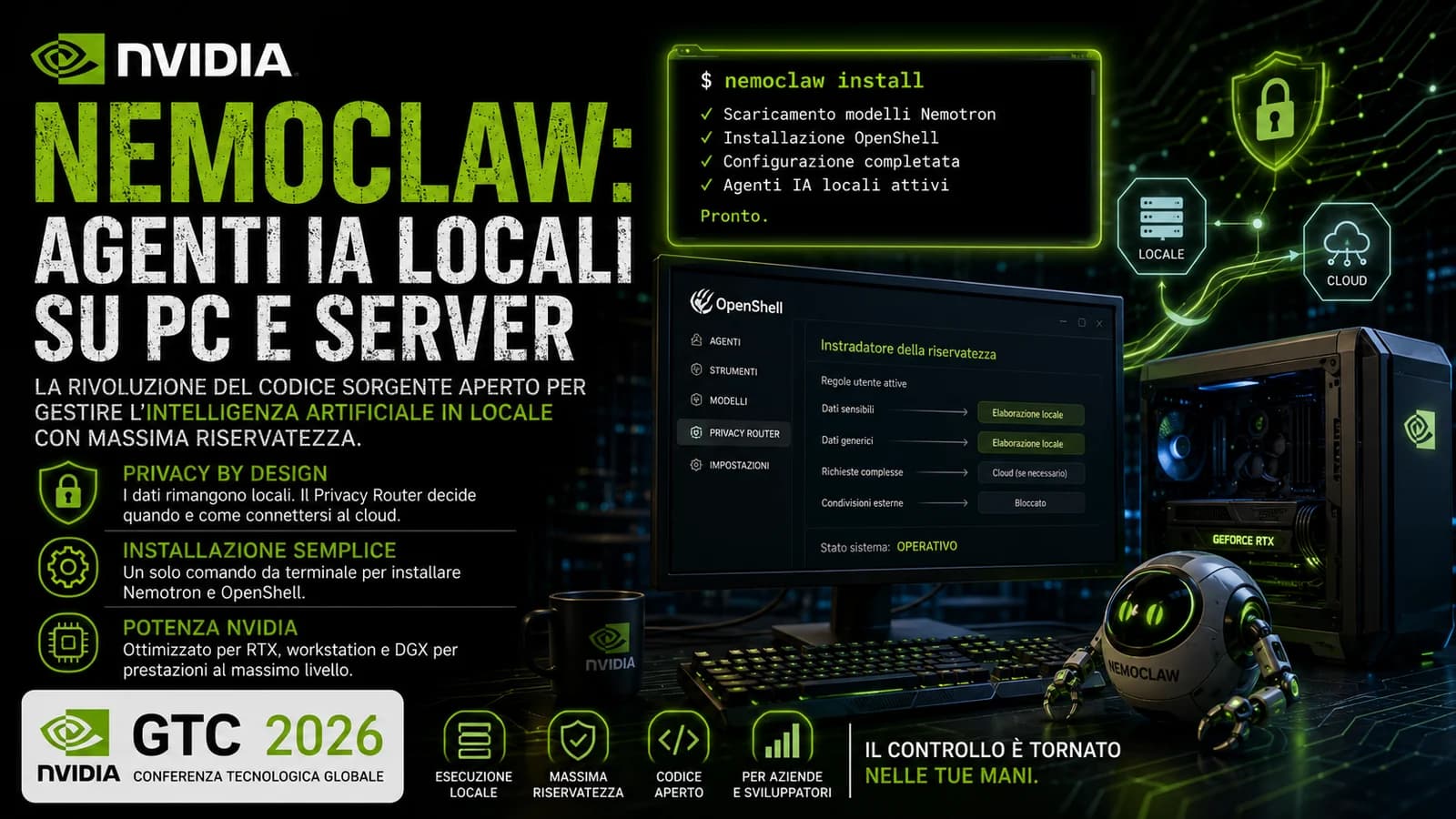 Schermate di NemoClaw e computer nella grafica sugli agenti IA locali di NVIDIA.