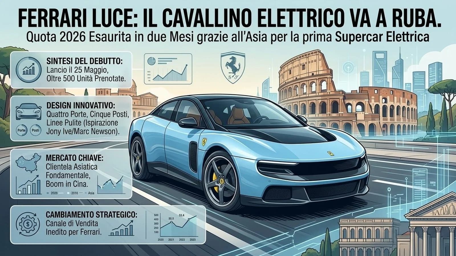 Auto sportiva elettrica Ferrari Luce in un fotomontaggio con schede informative.
