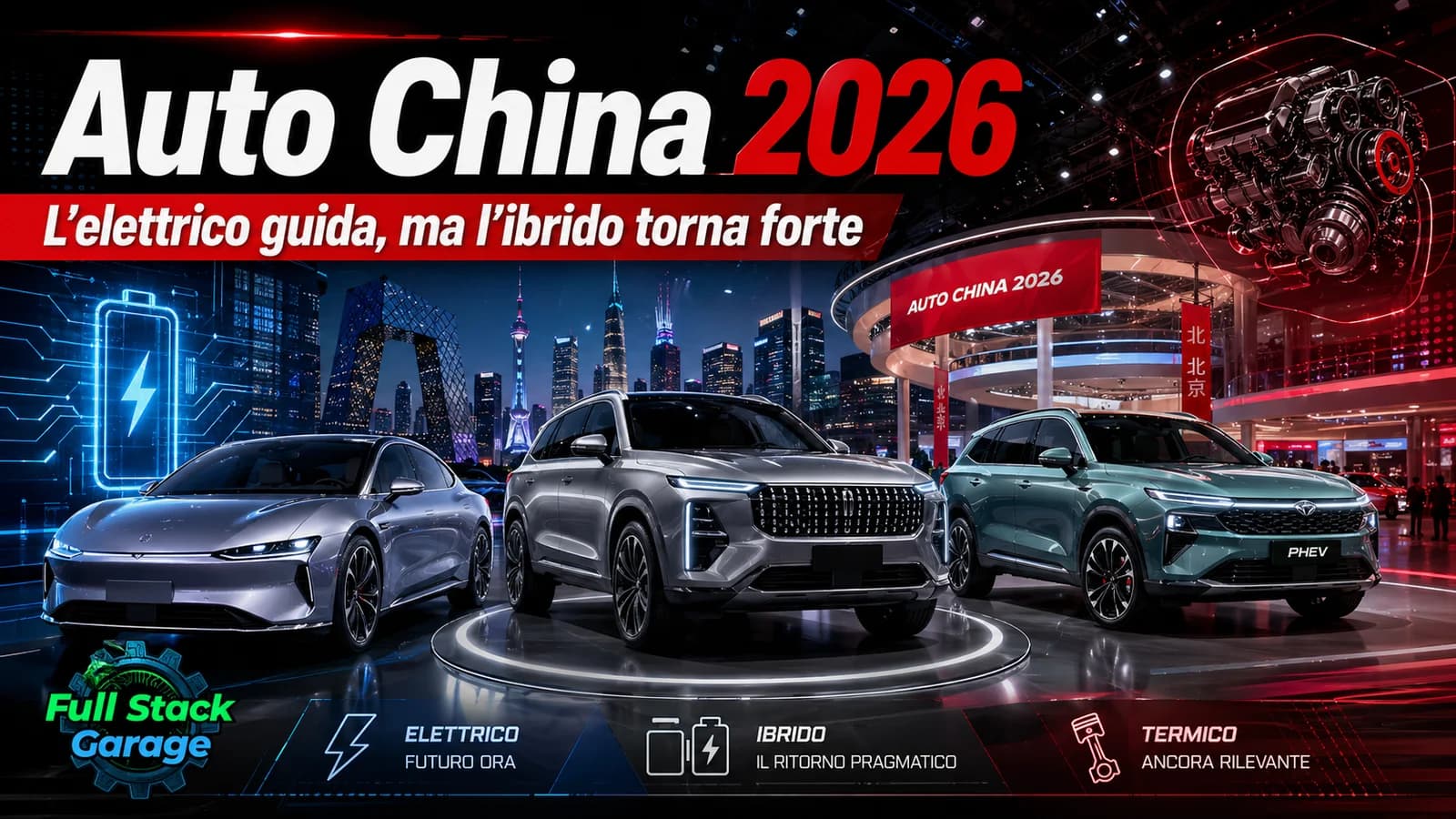Collage di auto elettriche e ibride esposte a Auto China 2026 con skyline urbano.