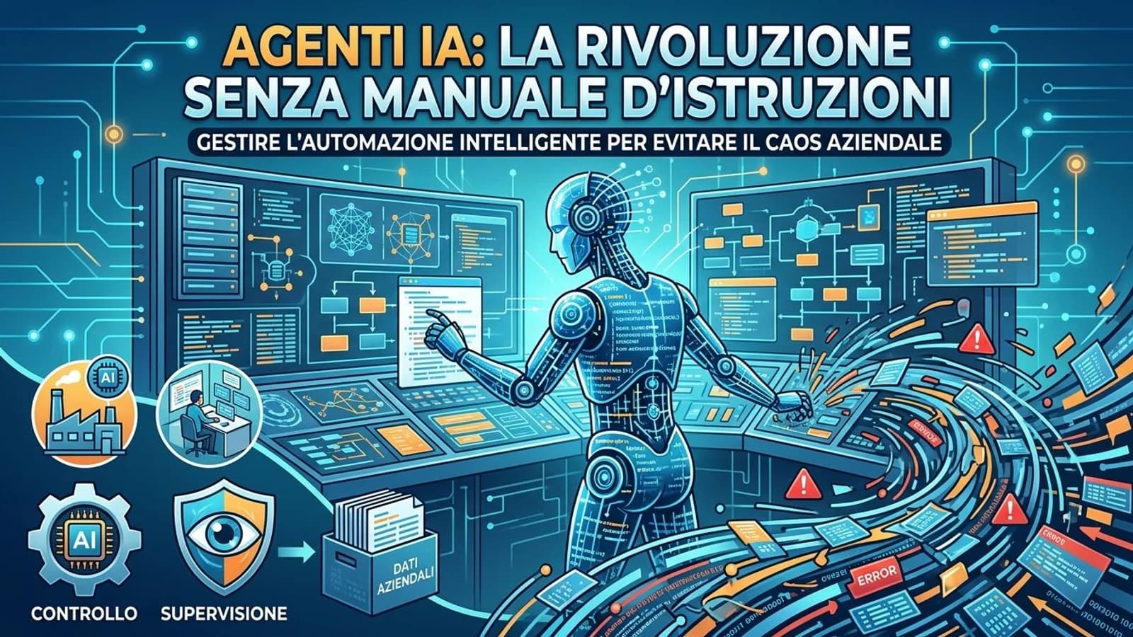 Illustrazione di agenti IA e interfacce digitali in una sala operativa.