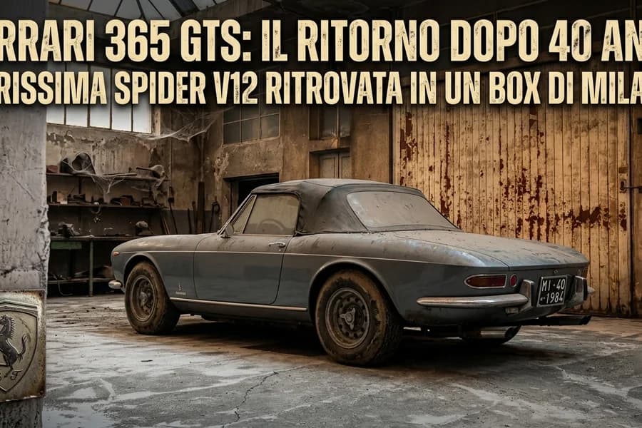 Ferrari 365 GTS d'epoca grigia parcheggiata davanti a un edificio industriale.